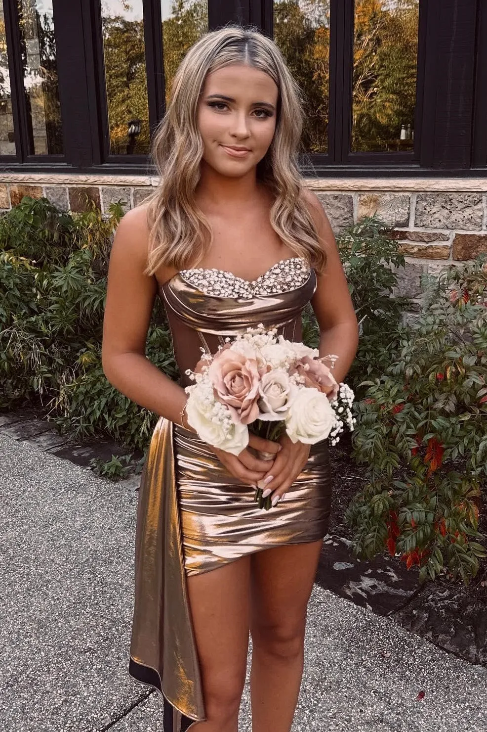 Beaded Sweetheart Strapless Satin Empire Short Party Evening Dress