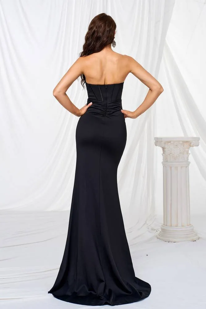 Black Mermaid Strapless Party Evening Dress With Slit