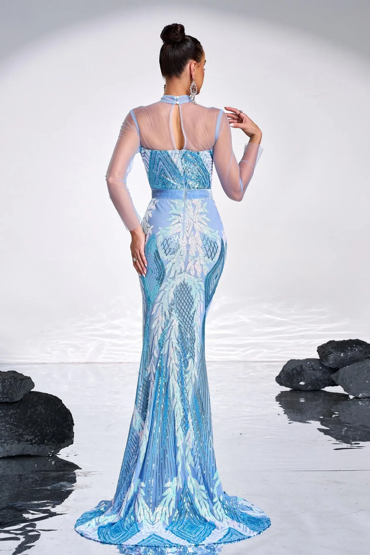 Blue High Neck Long Sleeves Mermaid Sparkly Party Evening Dress