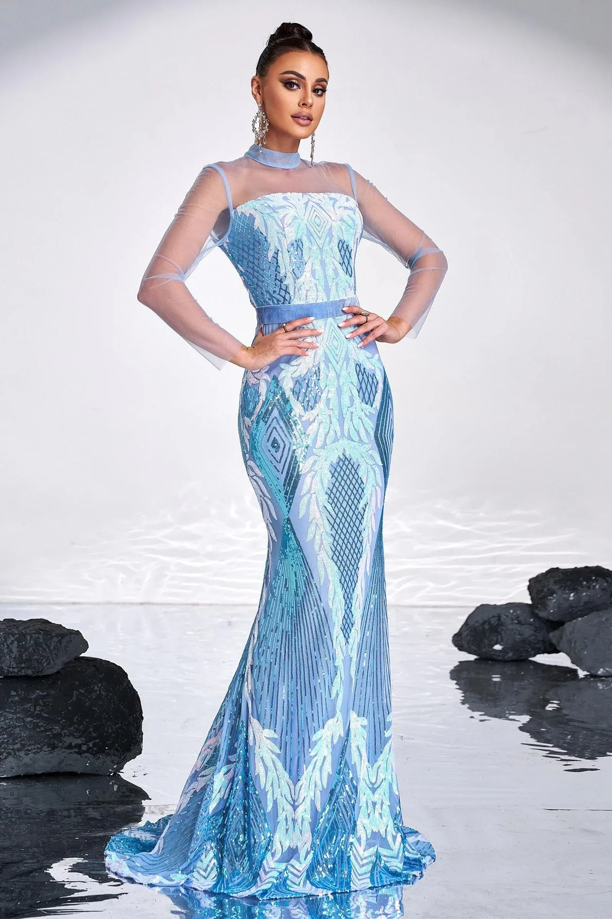 Blue High Neck Long Sleeves Mermaid Sparkly Party Evening Dress