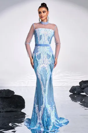Blue High Neck Long Sleeves Mermaid Sparkly Party Evening Dress