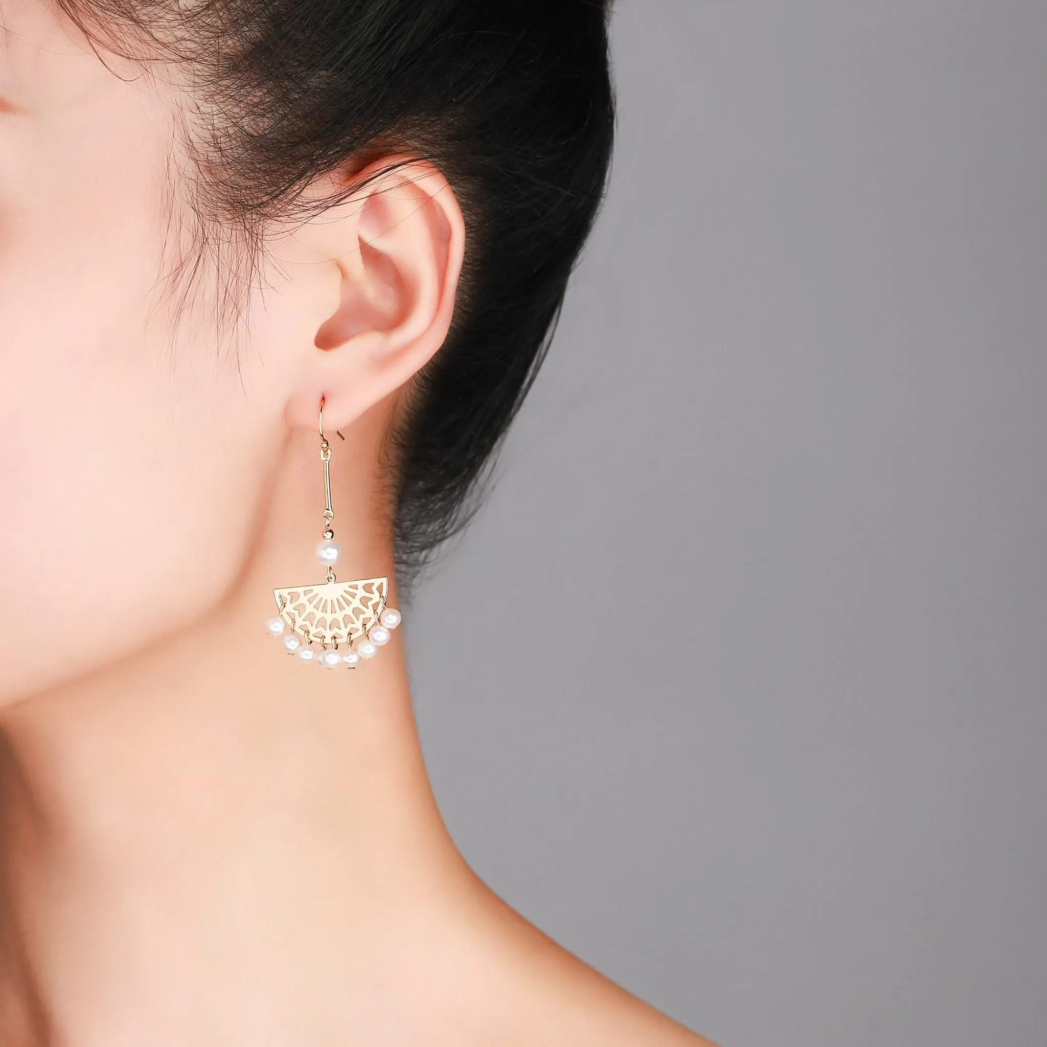 Carved Golden Fan Drop Pearl Earrings
