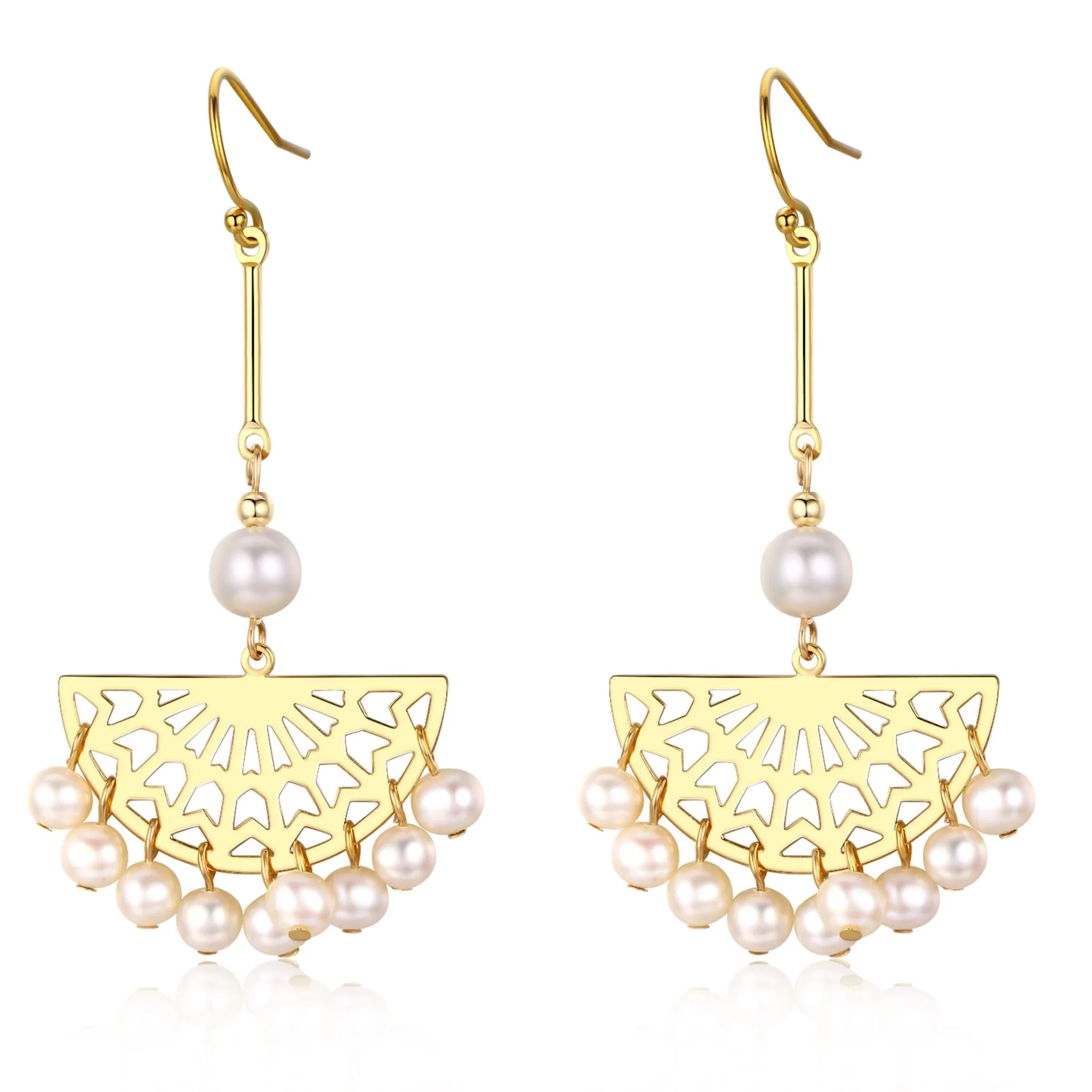 Carved Golden Fan Drop Pearl Earrings