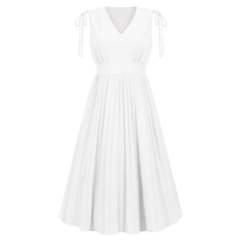 Casual Sleeveless V-Neck Flared Solid Midi Dress