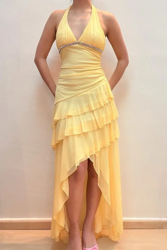 Chic Chiffon A-Line V-Neck Halter Ruffled Party Evening Dress