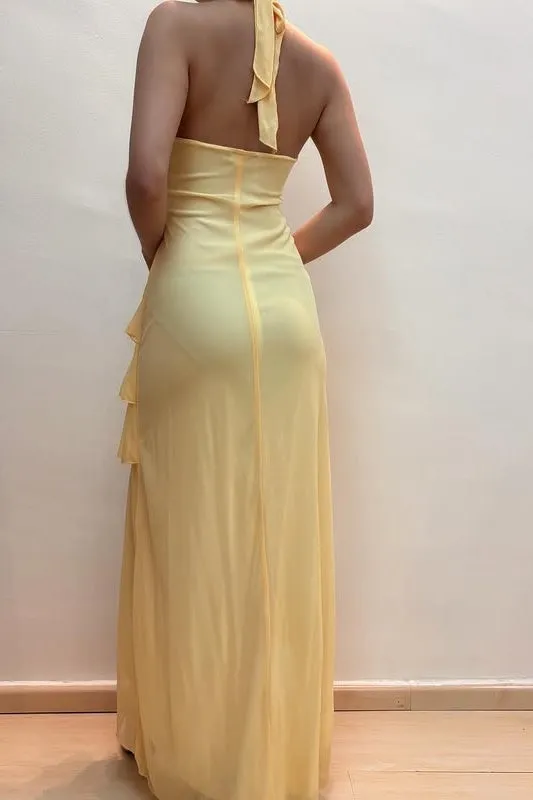 Chic Chiffon A-Line V-Neck Halter Ruffled Party Evening Dress