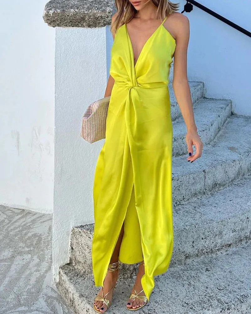 Deep V-Neck Wrap Spaghetti Strap Midi Dress