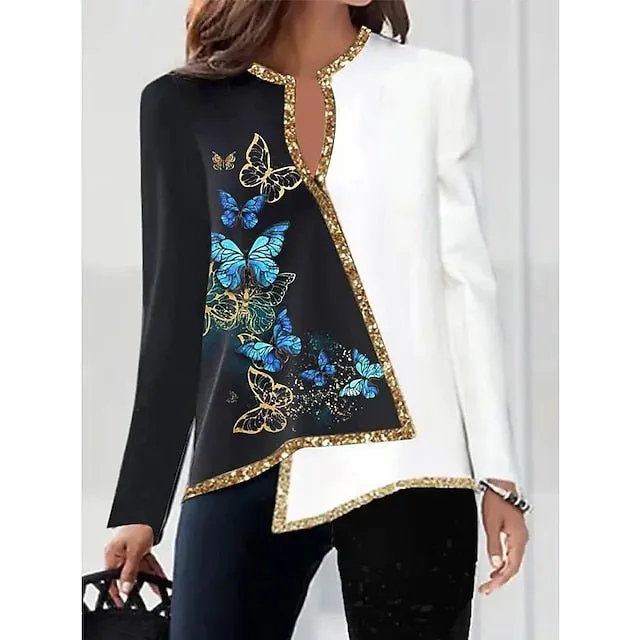 Fashion Long Sleeve Scoop Neck Printed Irregular Blouse