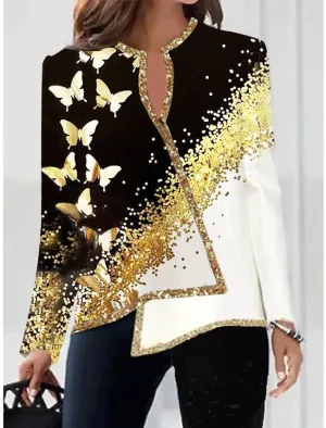Fashion Long Sleeve Scoop Neck Printed Irregular Blouse