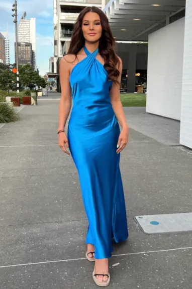 High Neck Backless Empire Satin Party Evening Dress
