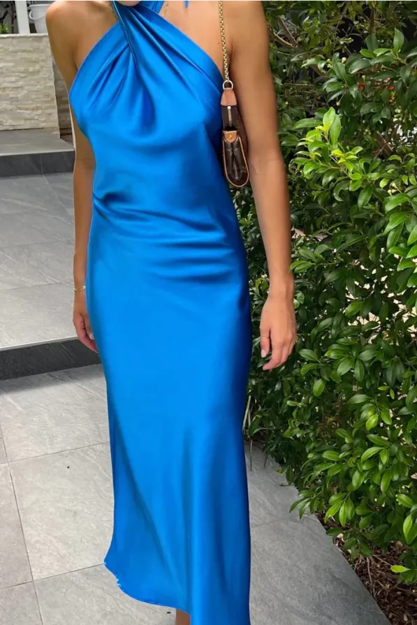 High Neck Backless Empire Satin Party Evening Dress