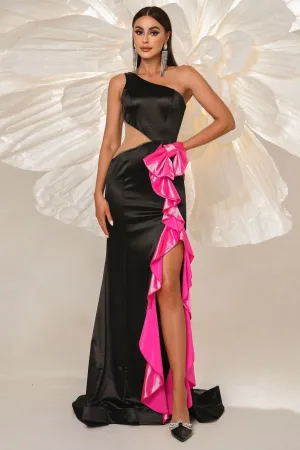 Illusion Empire One Shoulder Satin Ruffled Mermaid Party Evening Dress