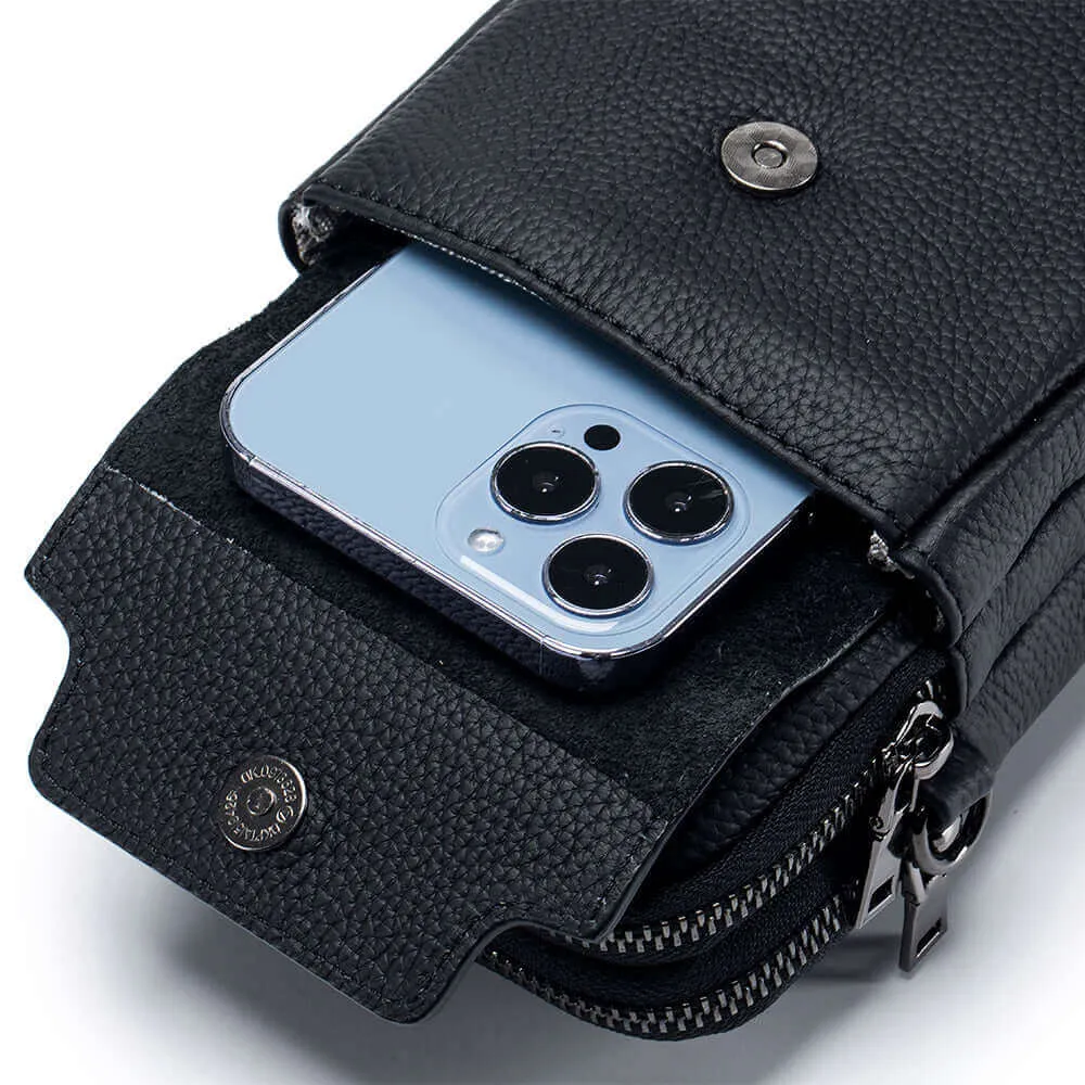 Leather Vertical Double Zipper Small Phone Crossbody Bag