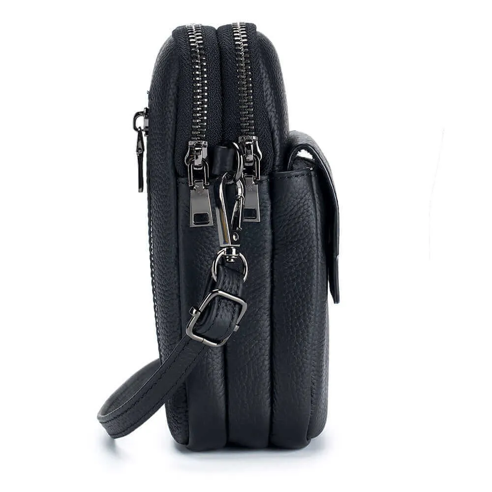Leather Vertical Double Zipper Small Phone Crossbody Bag