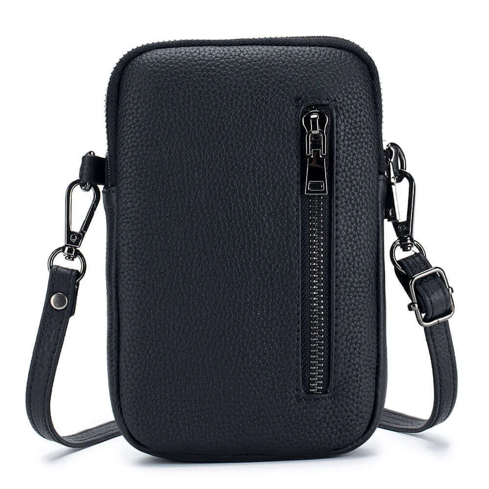 Leather Vertical Double Zipper Small Phone Crossbody Bag