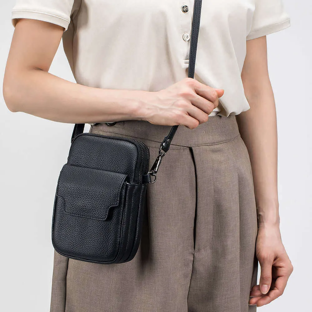 Leather Vertical Double Zipper Small Phone Crossbody Bag