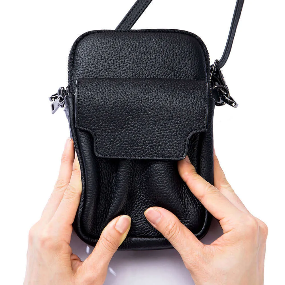 Leather Vertical Double Zipper Small Phone Crossbody Bag