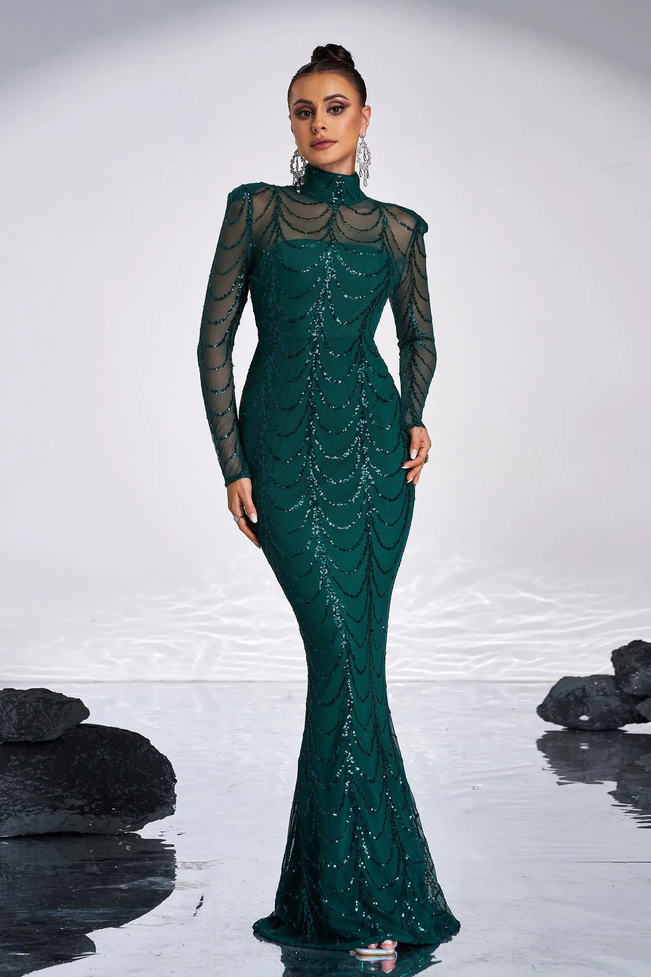 Mermaid High Neck Long Sleeves Empire Party Evening Dress