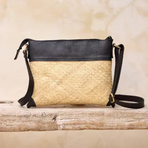 Rattan Crossbody Bag with Dark Leather Trim - Borneo